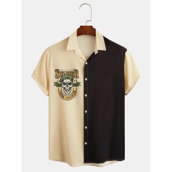 Áo sơ mi nam ngắn tay vải lụa họa tiết American Soldier Skull du lịch hè chất