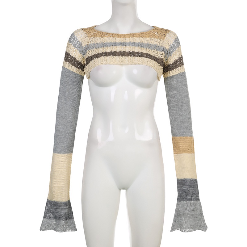 Áo Len Tay Dài Họa Tiết Kẻ Sọc Màu Sắc Tương Phản Phong Cách Vintage Cho Nữ