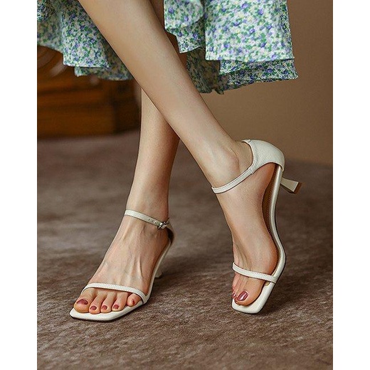 Giày Sandal Cao Gót Hở Ngón Mũi Vuông Phong Cách Retro Pháp Thanh Lịch Cho Nữ