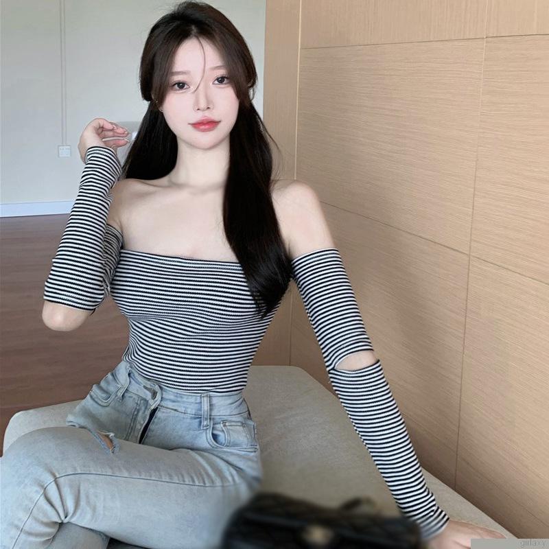 Áo thun tay dài trễ vai họa tiết kẻ sọc màu sắc thời trang quyến rũ tùy chọn kích thước cho nữ