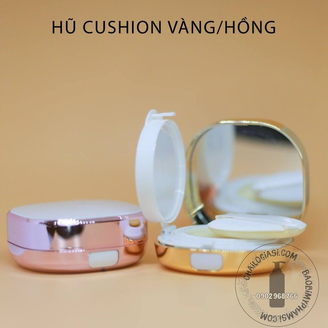 VỎ HỘP PHẤN NƯỚC - HỘP CUSHION TRÒN VIỀN VÀNG - HỒNG KÈM BÔNG MÚT