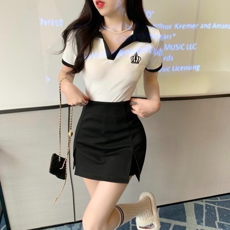 Bộ Áo Thun Cổ Chữ V + Quần Short Lưng Cao Xẻ Tà Thời Trang Mùa Hè Hàn Quốc 2022 Mới