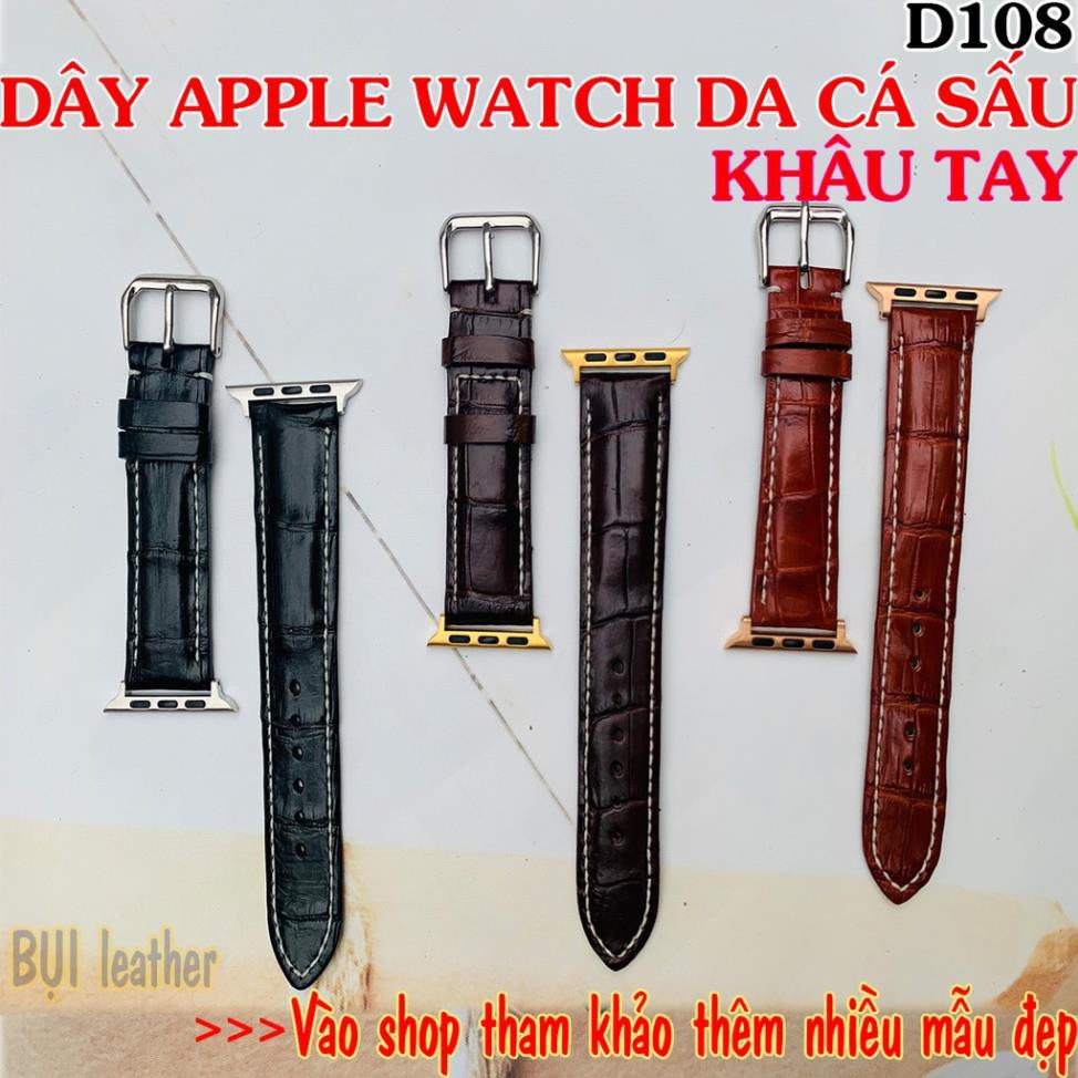 Dây Apple Watch da cá sấu KHÂU TAY-Da thật-loại đốt tre cao cấp D107-BH24tháng(Tặng tool tháo;chốt;khóa,CÓ VIDEO]