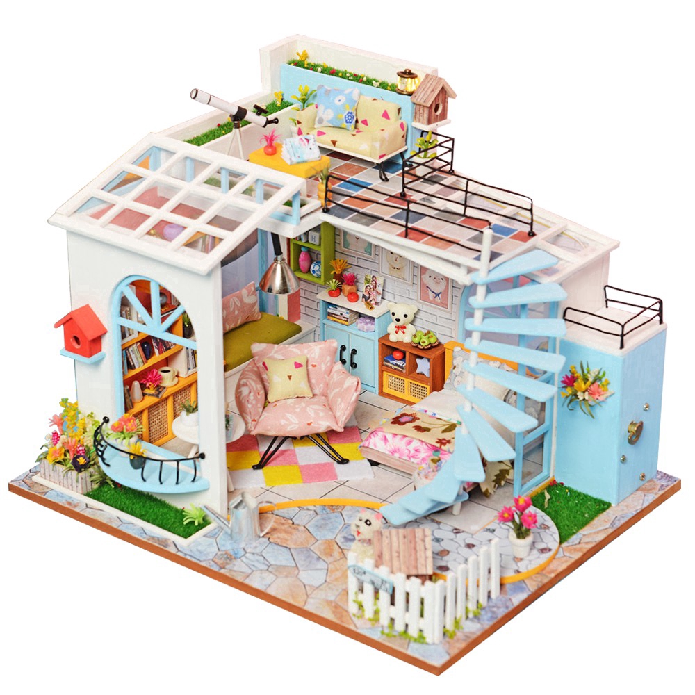 Mô hình nhà gỗ búp bê Tự, Bộ đồ chơi búp bê thu nhỏ với nội thất, làm Nhà thủ công Sưu tầm cho sở thích M20