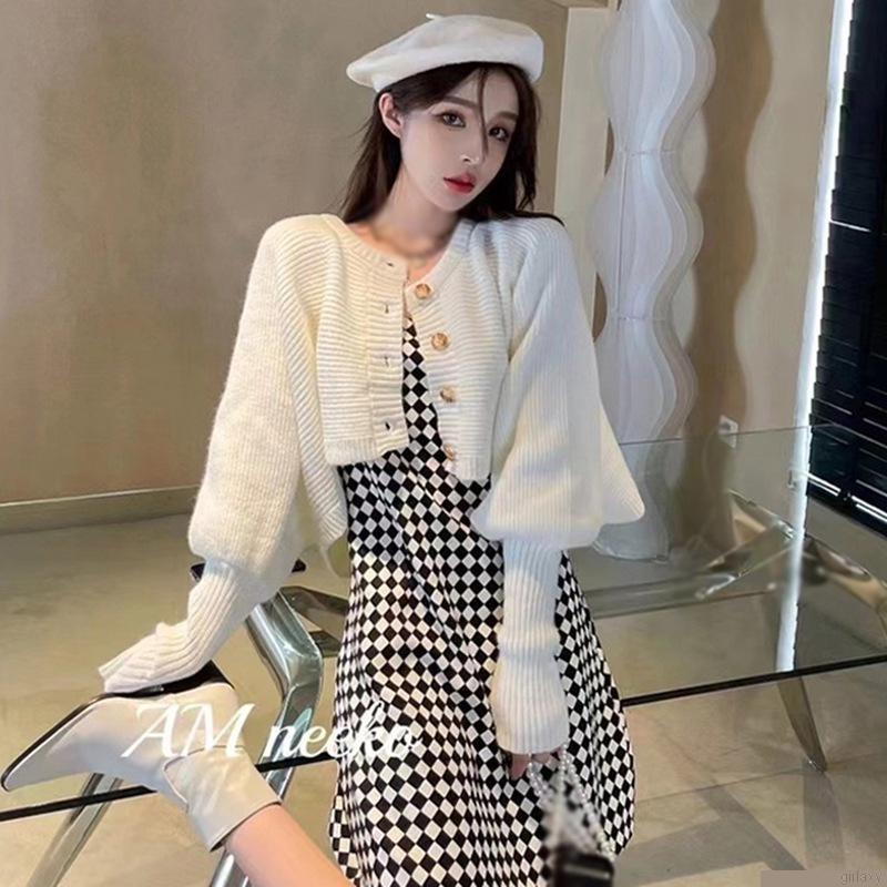 Áo cardigan cổ tròn tay phồng dáng rộng màu trơn phong cách Hàn Quốc thời trang dành cho nữ