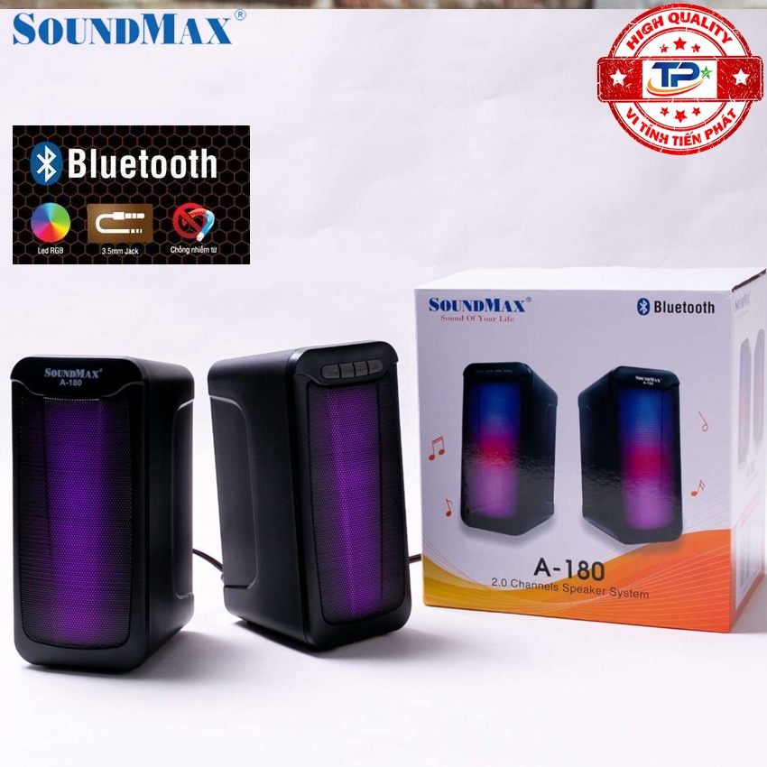 Loa Máy Vi Tính Soundmax A-180 / A180 2.0 kết nối Bluetooth và Jack 3.5 tích hợp đèn Led RGB nguồn USB 5V