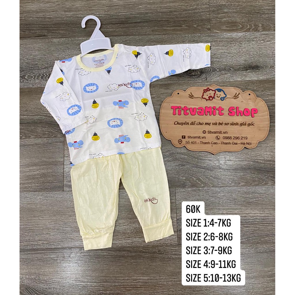 Bộ dài hnkids peptit cài vai trắng họa tiết quần màu, bộ dài tay cho bé trai, bé gái