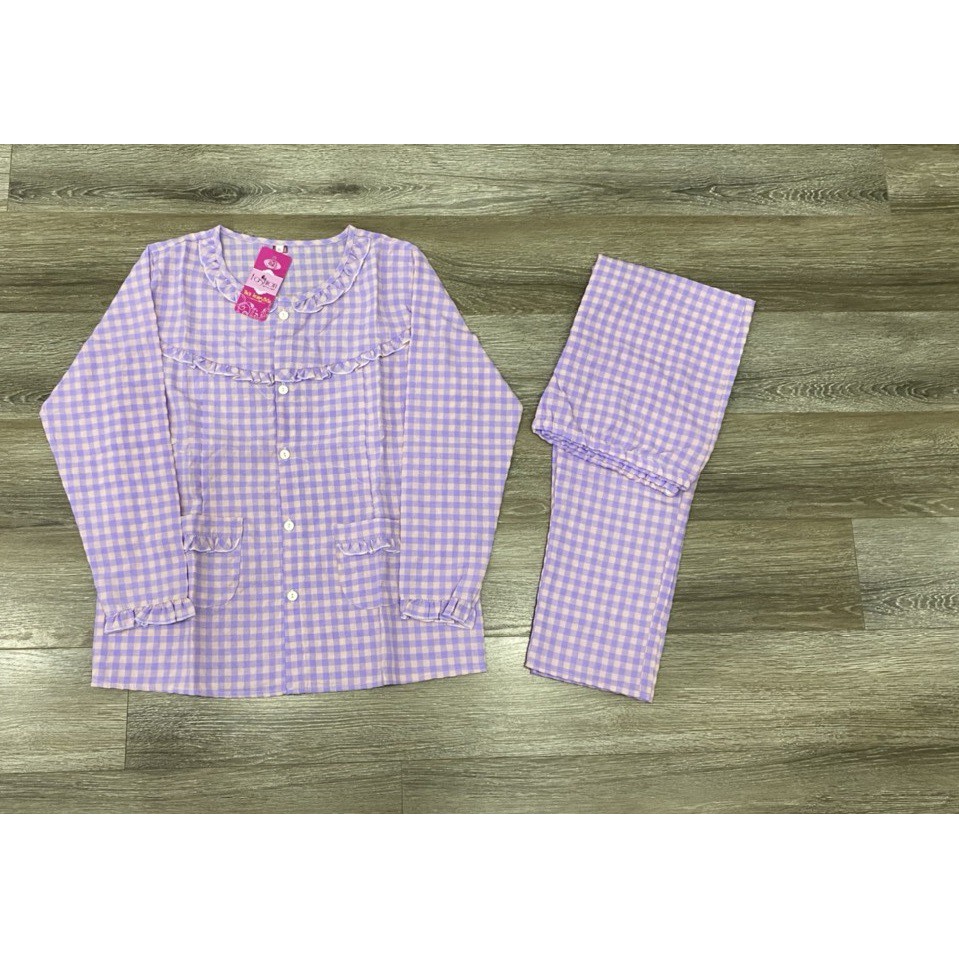Bộ dài bầu sau sinh thô kẻ cúc giữa free size 45-55kg