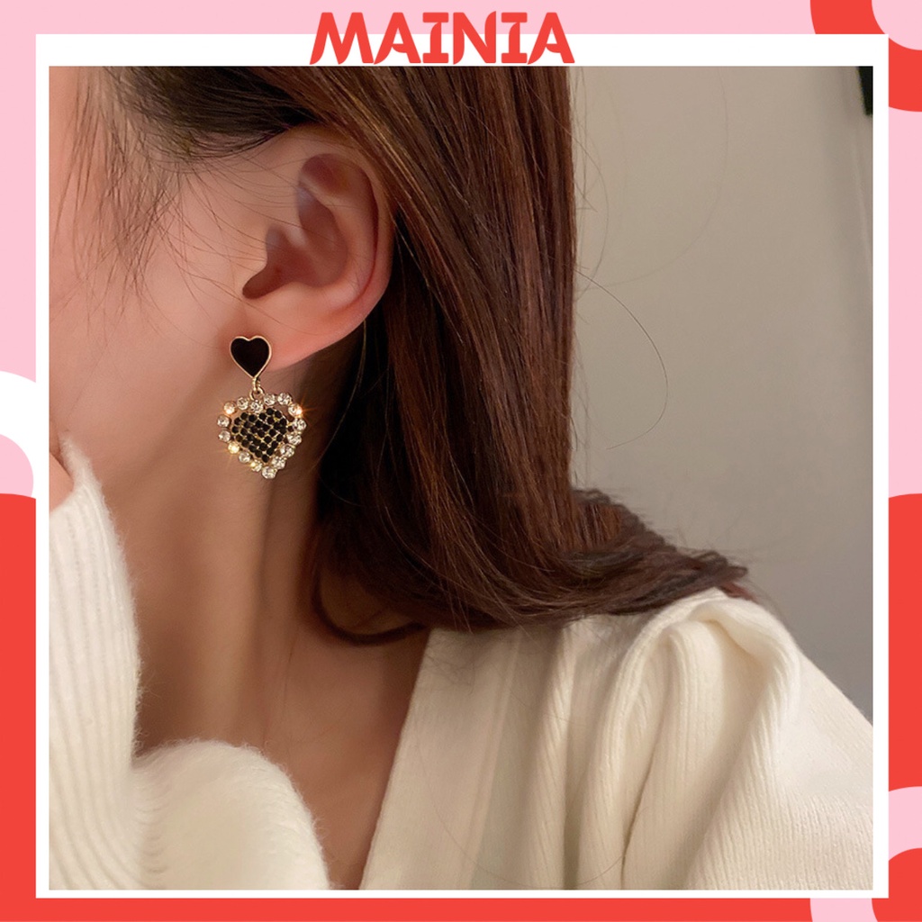 Bông Tai  Hình Trái Tim Đính Đá Đen Thời Trang Hàn Quốc Phong Cách Tiểu Thư Siêu Sang Chảnh Dự Tiệc Mainia Shop