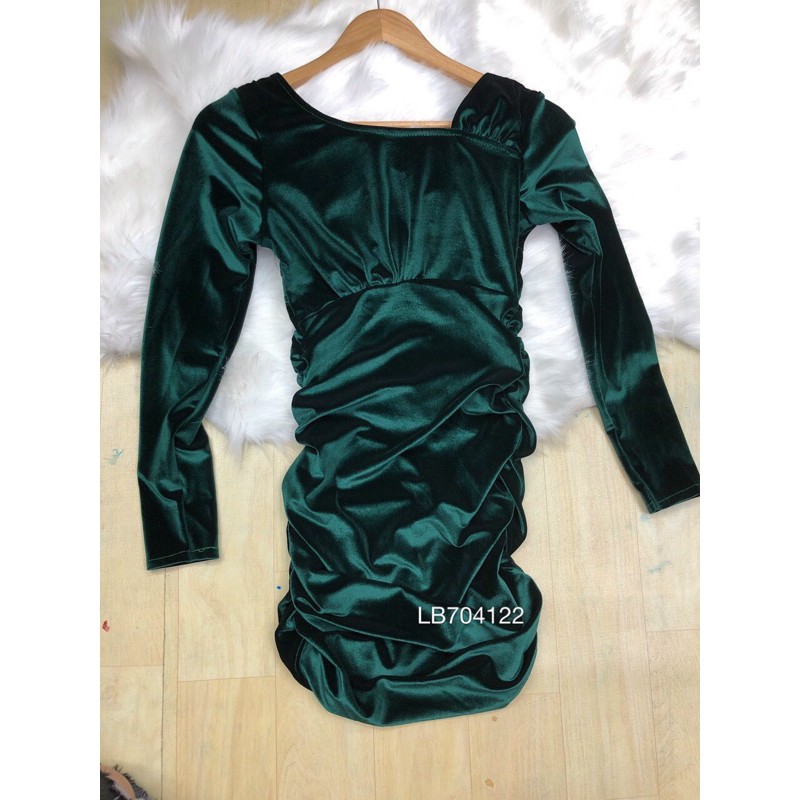 Đầm body nhung nhúng cột nơ lưng tay dài