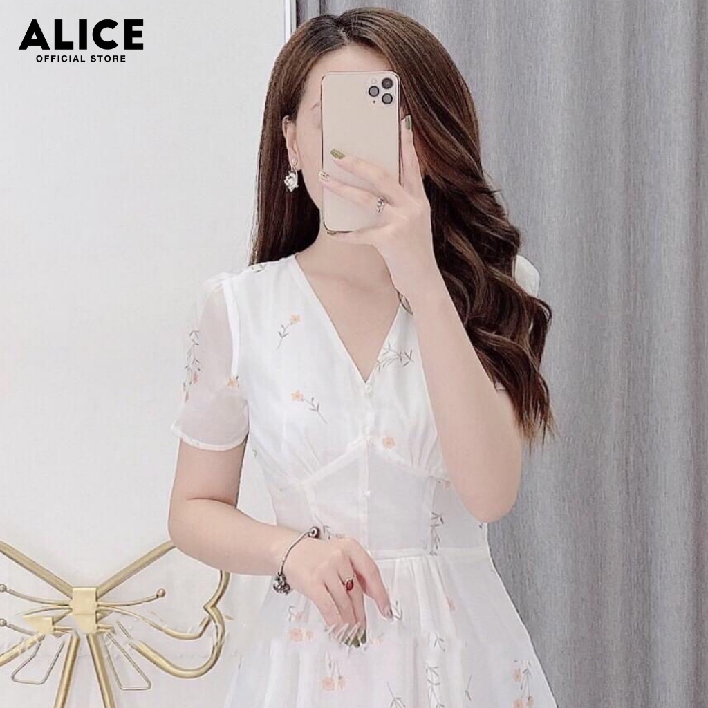 Váy Thiết Kế Trắng Cổ V ALICE Dáng Xòe 2 Lớp Họa Tiết Hoa Nhí Chiết Eo Tôn Dáng V520