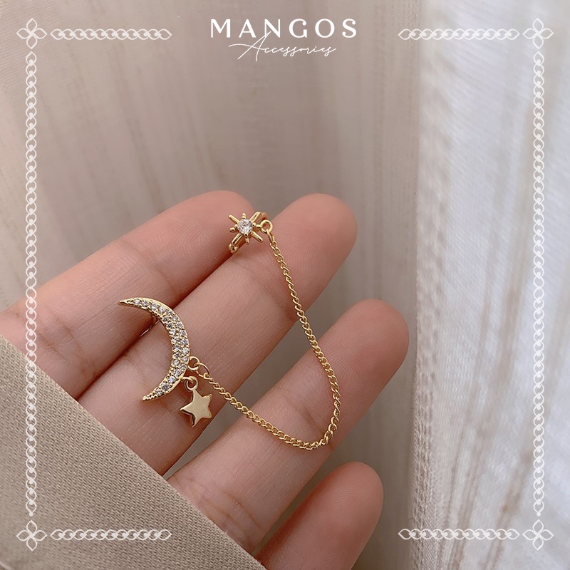 Khuyên tai kẹp mặt trăng và ngôi sao chuỗi dài Mangos accessories MA008
