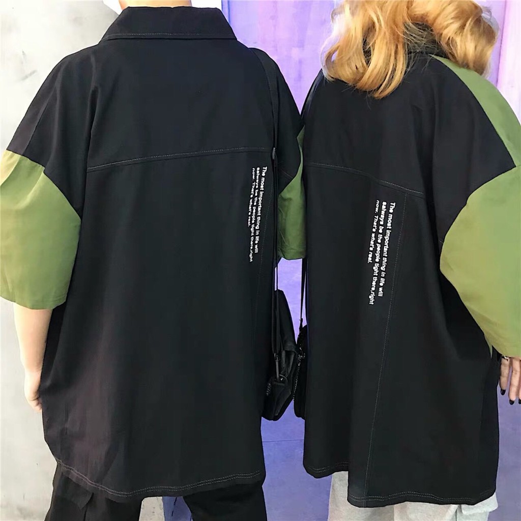 Áo sơ mi nam nữ form rộng tay lỡ phối xanh đen khóa kéo cực chất - Áo sơ mi ulzzang oversize unisex Hàn Quốc