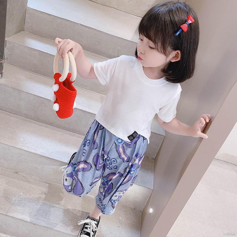 Bộ đồ áo tay ngắn cổ tròn và quần dáng rộng họa tiết hoạt hình phong cách Hàn Quốc xinh xắn cho bé gái