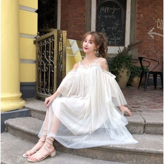 Đầm Ulzzang trễ vai chuỗi ngọc - có sẳn