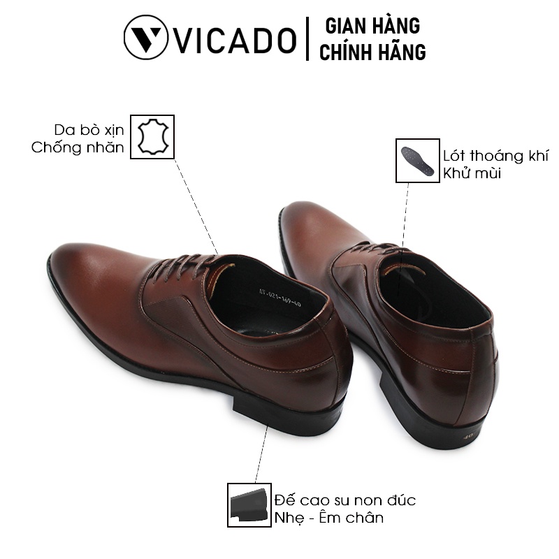 Giày tăng chiều cao nam da bò cao cấp công sở Oxford Vicado VB0115 màu nâu buộc dây