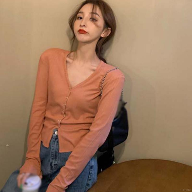 Áo Cardigan Dệt Kim Tay Dài Cổ Chữ V Dáng Ôm Quyến Rũ Cho Nữ