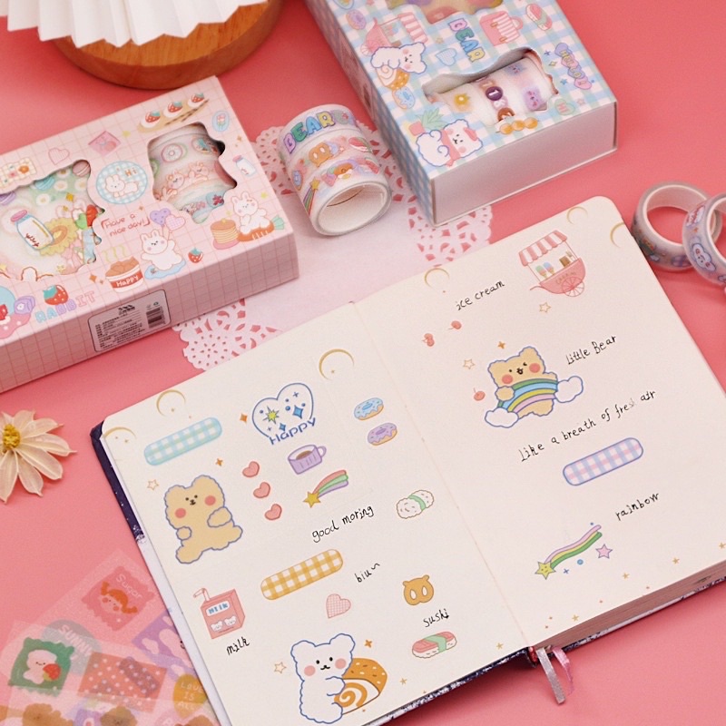 Hộp 5 cuộn washi tape + 9 tờ sticker nhiều hình cute dễ thương