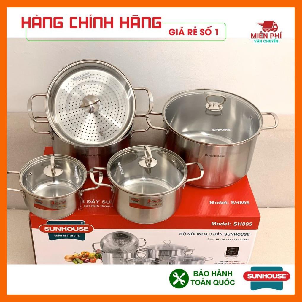 Bộ nồi inox 3 đáy 4 nồi + 1 xửng hấp  Sunhouse SH895, bộ nồi Sunhouse 3 đáy, dùng cho bếp từ.