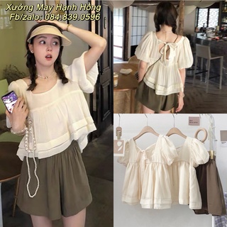 Xả kho bán lỗ - Set áo babydoll voan tơ kèm quần short nâu hàng Quảng Châu