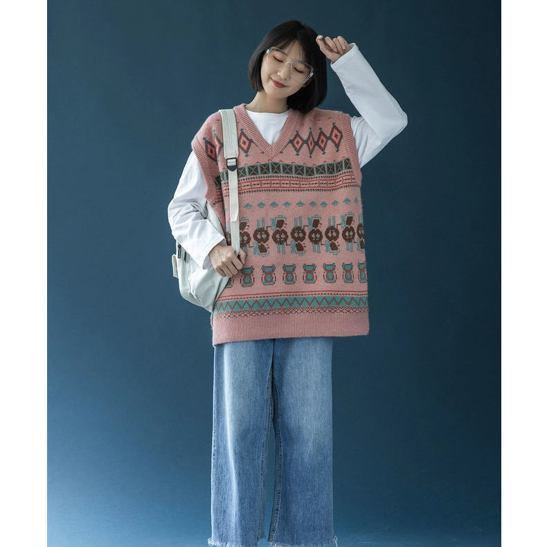 Áo gile len cổ chữ V dáng rộng phong cách retro | BigBuy360 - bigbuy360.vn