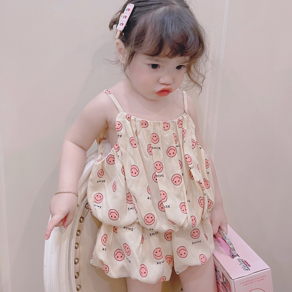 Bộ bé gái 2 dây chát đũi hình mặt cười 3 mầu Hồng, Xanh và Vàng XHN948