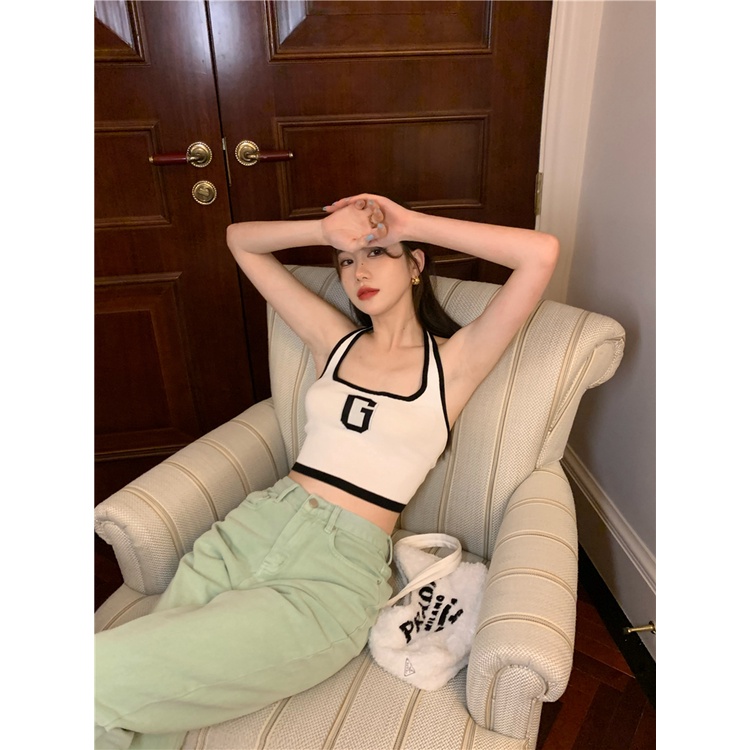 Cocory vn Áo Croptop Dệt Kim Hai Dây Hở Lưng Ôm Dáng In Chữ Đơn Giản Thời Trang Mùa Hè Quyến Rũ Cho Nữ