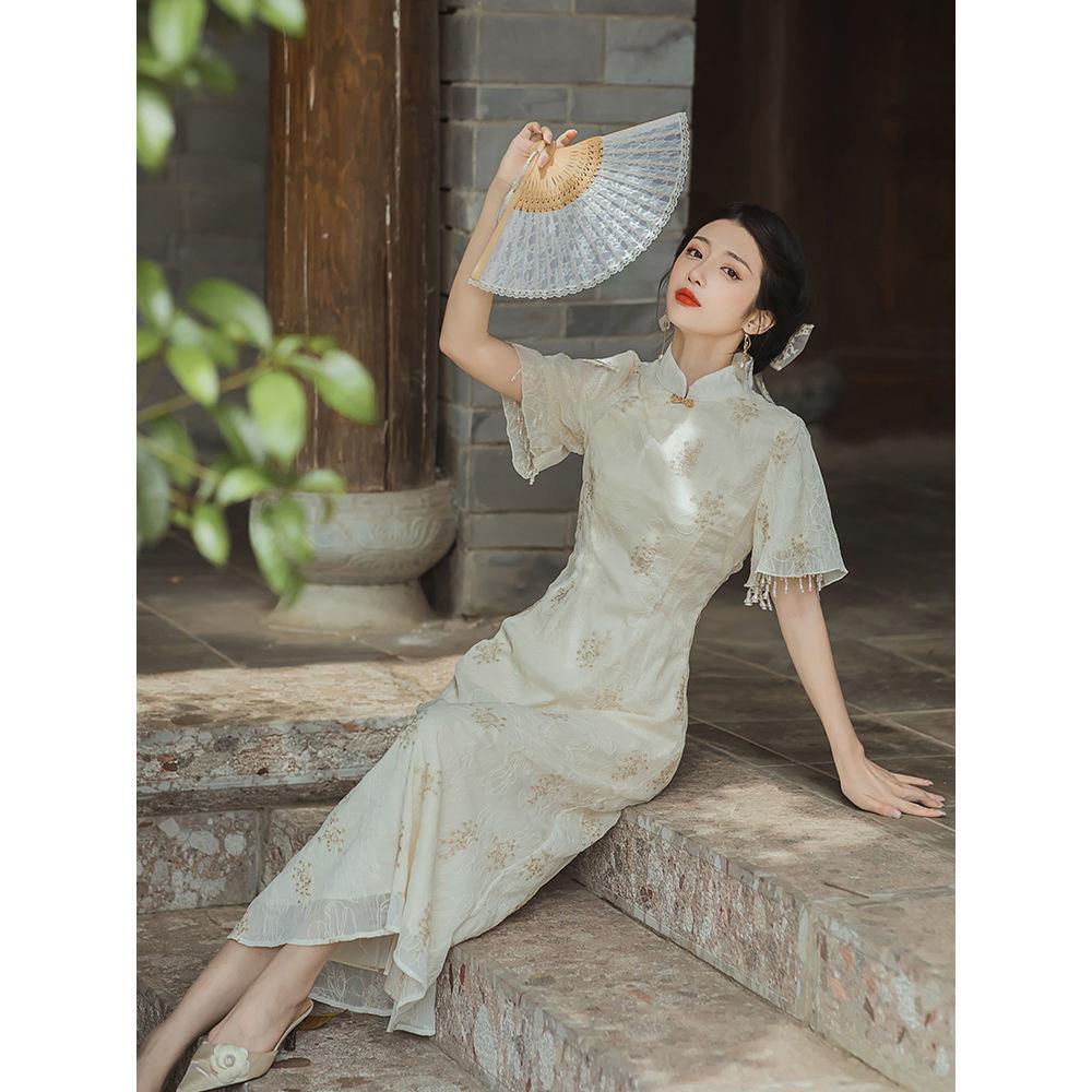 Sườn Xám Trung Hoa Thêu Họa Tiết Đính Ngọc Trai Thời Trang Mùa Hè Cho Nữ