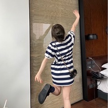 Đầm polo ZHELIHANGFEI ngắn tay dáng rộng họa tiết sọc xinh xắn dành cho nữ