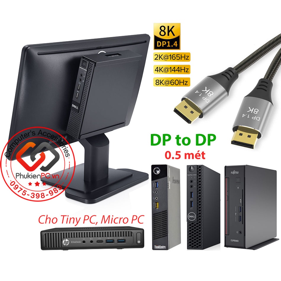 Cáp Displayport dài 50cm (0.5m) 8K 4k 2k, 2 đầu DP 1.4 (Displayport) cho PC, TinyPC, Laptop Card đồ hoạ VGA Monitor HDTV