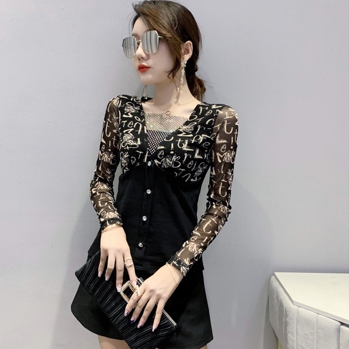 Áo lưới dài tay Áo thun dài tay nữ Phối Lưới In Họa Tiết Kim Cương Kiểu Mới