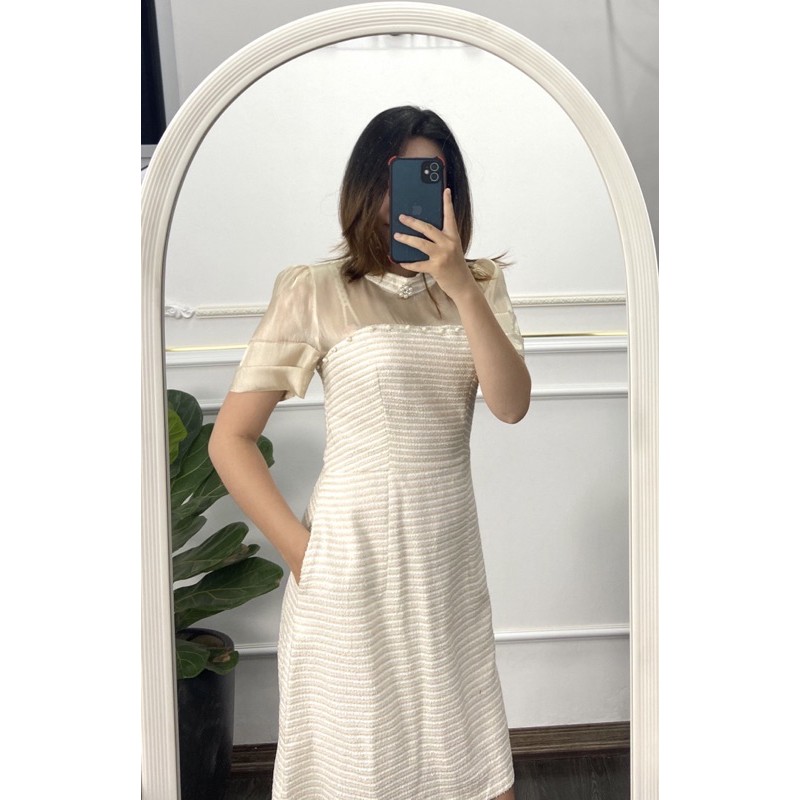 7411 Váy Đầm Suông Dạ Tweed Cổ Tròn Phối Tơ | BigBuy360 - bigbuy360.vn