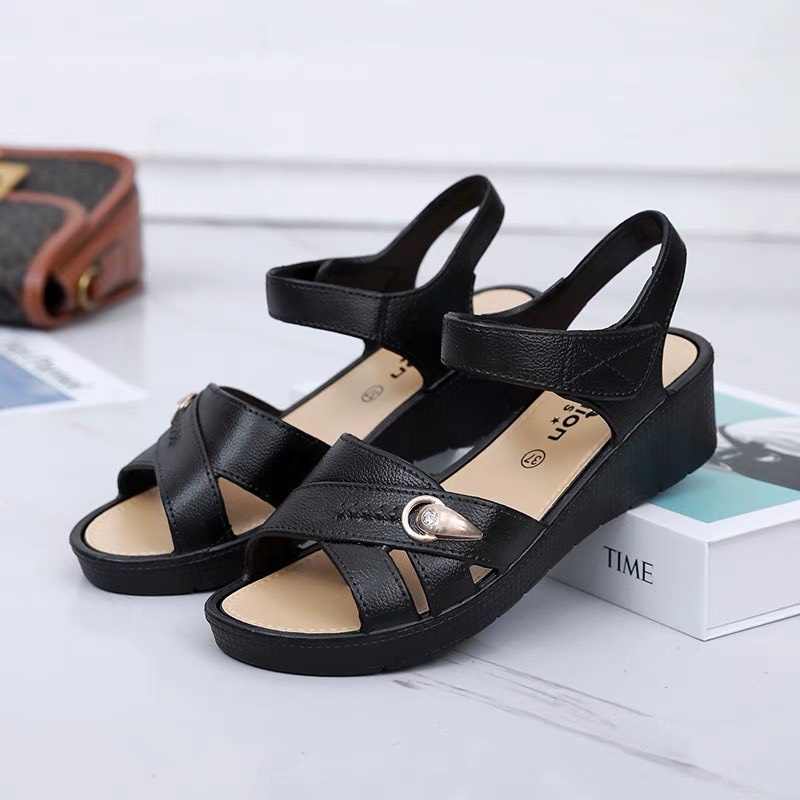 Dép cao gót trung niên nữ, giày trung niên cho mẹ, dép hở mũi sang trọng