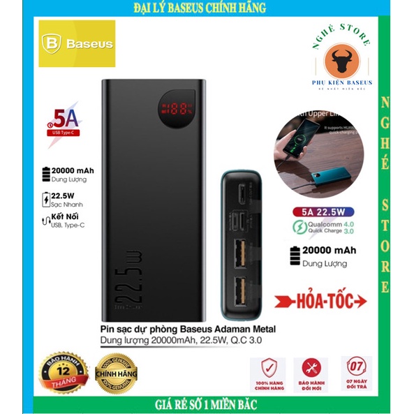 Sạc dự phòng 20000 mAh Baseus Adaman 22.5w, Cục pin dự phòng sạc nhanh IPhone, Samsung