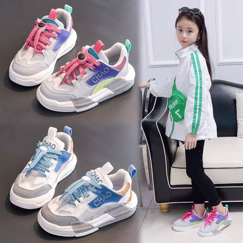 [Hàng Mới Về] Giày Thể Thao Thoáng Khí Đế Mềm Thoáng Khí Có Dây Buộc Phong Cách Xuân Thu Cho Bé Gái