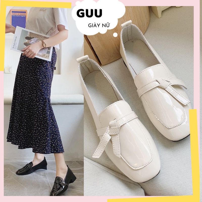 Giày lười nữ cao gót da sang chảnh đế 4cm màu đen và kem G8312