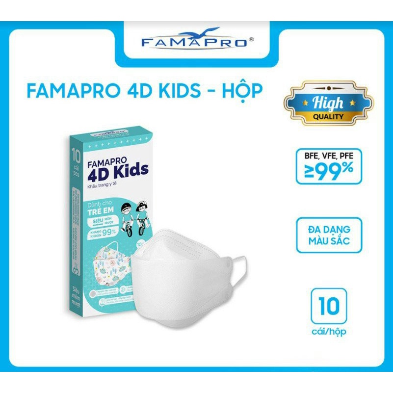 Khẩu trang y tế 4D Cao Cấp Trẻ Em- 3 lớp kháng khuẩn Famapro (Nam Anh)- Hộp 10 cái