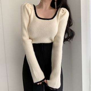 (ORDER) Áo len nữ dài tay cổ vuông phối viền đen trắng ôm body điệu đà sang trọng Hàn Quốc