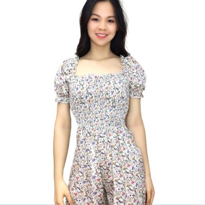 Jumpsuit Nữ Jum Quần Tay Ngắn Cổ Vuông Chun Ngực Họa Tiết Hoa Nhí Ulzzang