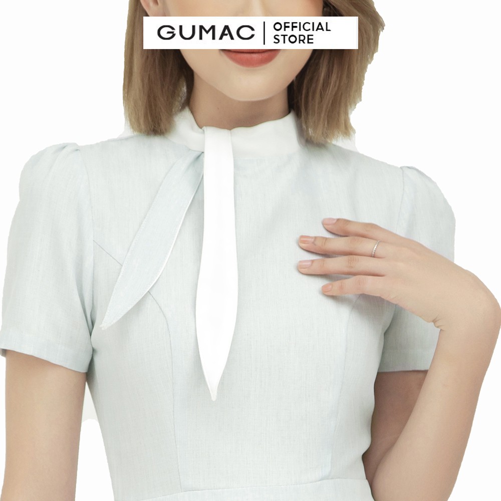 [Mã MABR07062 giảm 8% tối đa 50K đơn từ 249K] Đầm công sở nữ dáng xòe cột nơ GUMAC tay ngắn màu xanh nữ tính DB568 | BigBuy360 - bigbuy360.vn