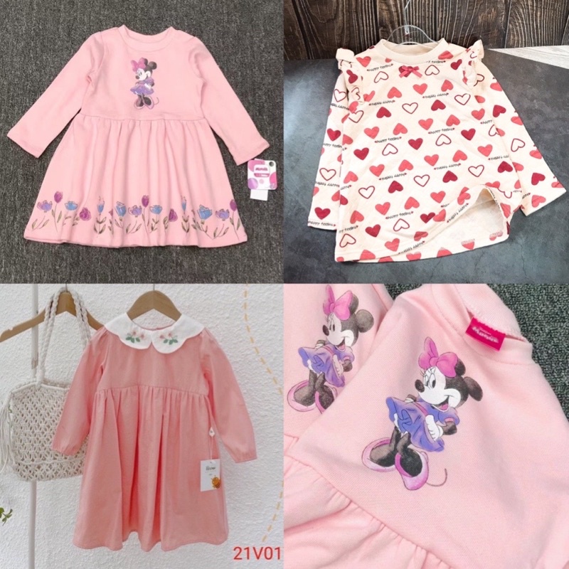 Váy nỉ xuất dư dáng baby doll hồng pastel cho bé, váy dài tay thu đông 2021