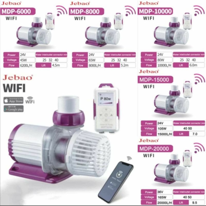 Máy bơm nước hồ cá cao cấp chống giật DC 24V có app Wifi Jebao MDP-10000, 10000l/h