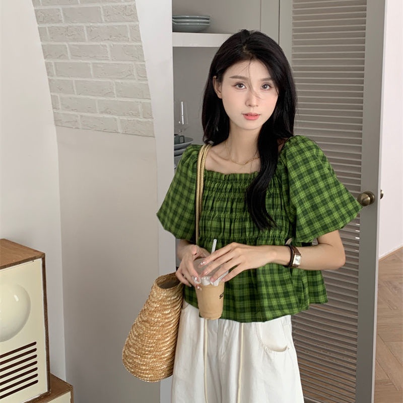 Áo Sơ Mi Tay Ngắn Phồng Họa Tiết Sọc Caro Thời Trang Mùa Hè 2022 Phong Cách Hàn Quốc Cho Nữ