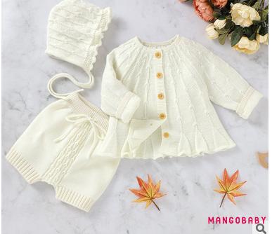 Set Áo Len Cardigan Màu Sắc Trơn Cài Nút + Quần Short + Mũ Cho Bé Gái