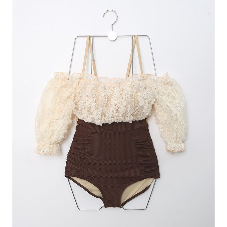 Bikini một mảnh Hàn Quốc, monokini công chúa áo ren hở vai gợi cảm, quần nâu tây thiết kế  che bụng