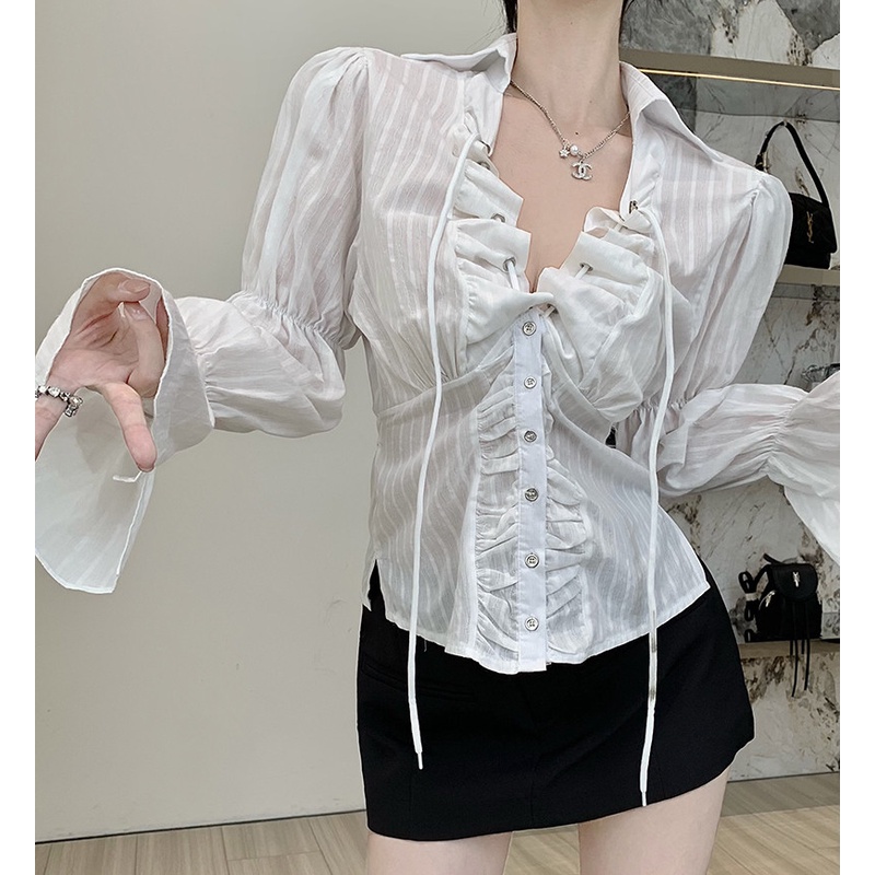 Áo Sơ Mi Tay Dài Cổ Chữ V Phối Dây Rút Thời Trang Dành Cho Nữ