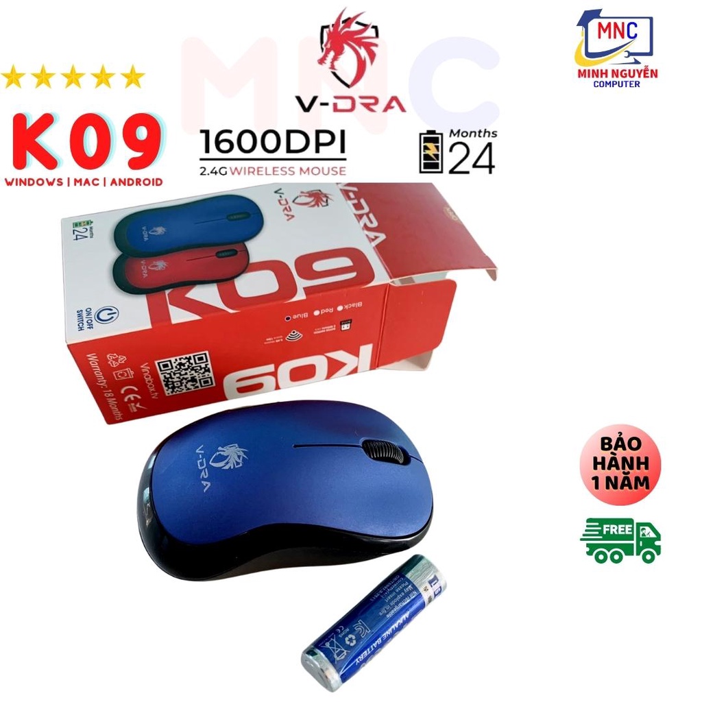 Chuột không dây V-DRA K09, 2.4g dùng cho máy vi tính chính hãng, bảo hành 12 tháng