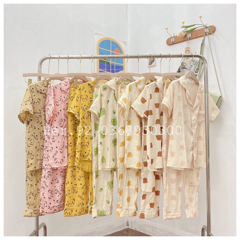 Đồ bộ nữ mặc nhà dễ thương, bộ ngủ hoạt hình cao cấp tay cộc quần dài mùa hè chất đũi lụa tơ Thái