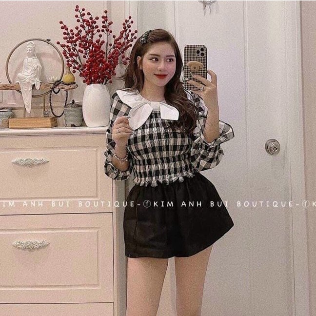 Áo kiểu nữ, áo nữ caro đen trắng phối nơ sọc caro đủ size S M L SKUA-18
