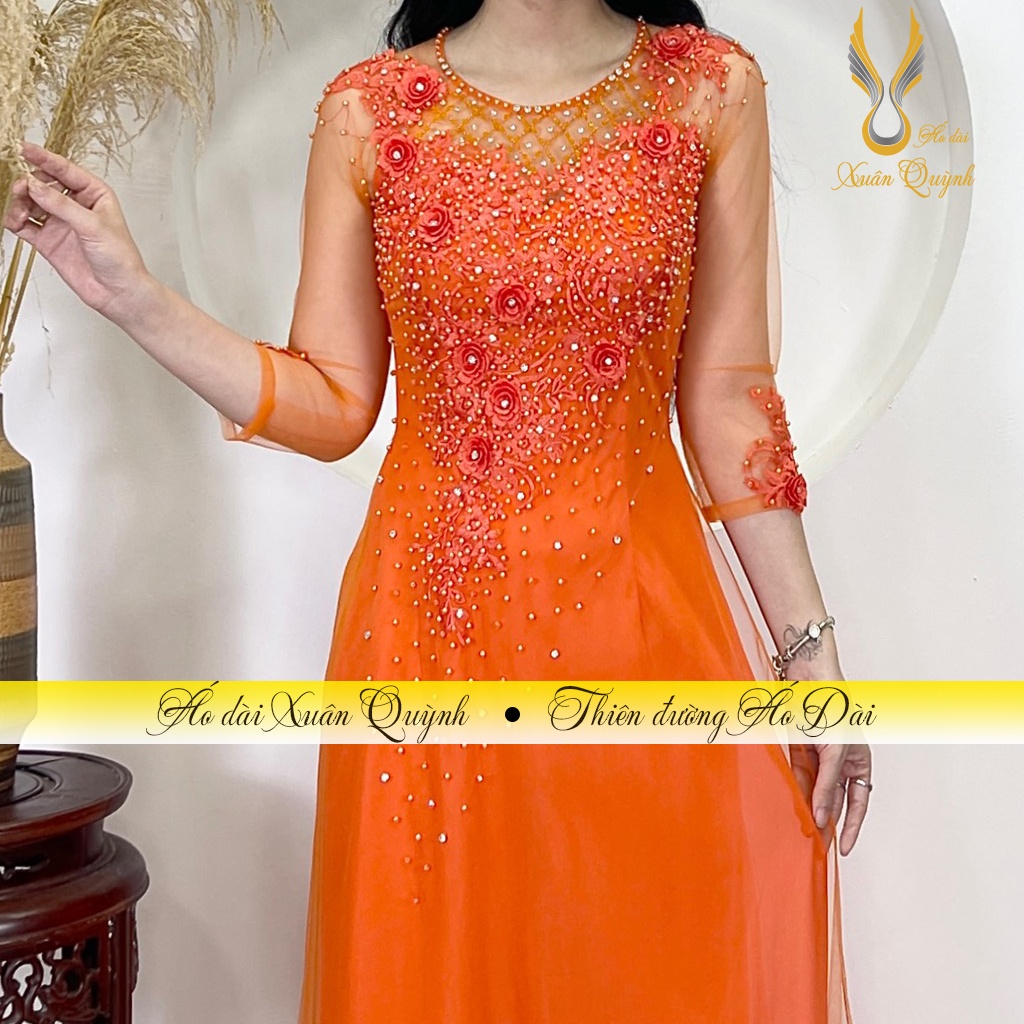 Áo Dài Sui Gia Màu Cam Đám Cưới Đám Hỏi Trẻ Trung Sang Trọng M03 - Áo Dài Xuân Quỳnh